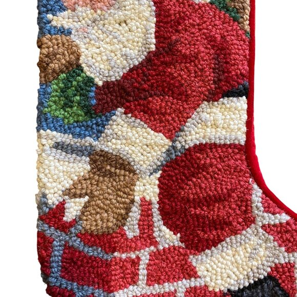 Santa Claus Christmas stocking Wool needlepoint velvet backed teddy bear holiday - Picture 3 of 7